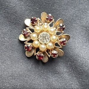 Vintage rhinestone, pearl, and gemstone brooch
